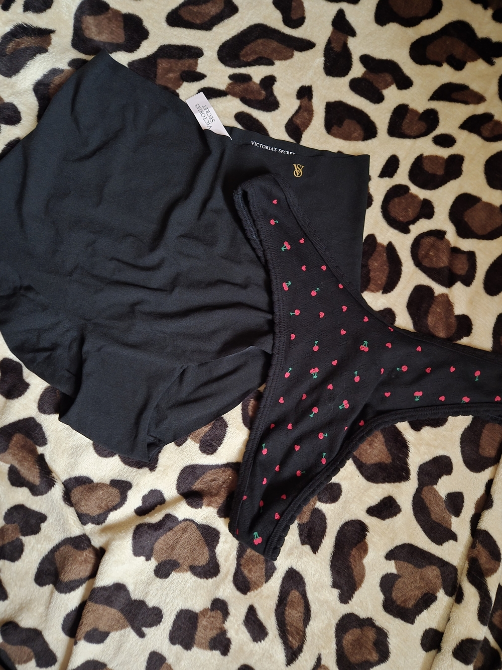 Victoria's Secret Black Brief with Black Cherry-Print Thong